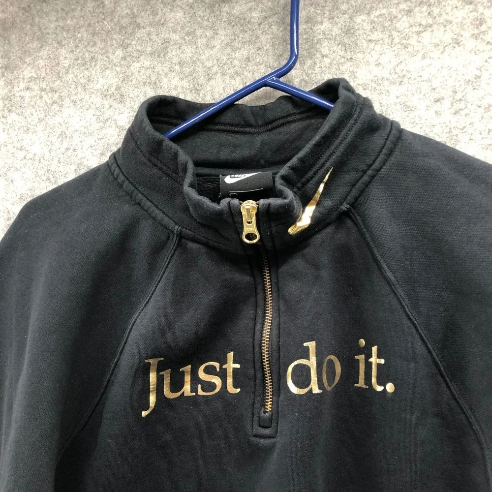 Nike Gold Foil Just Do It 1/4 Zip Cropped Sweatshirt Womens S Black Relaxed